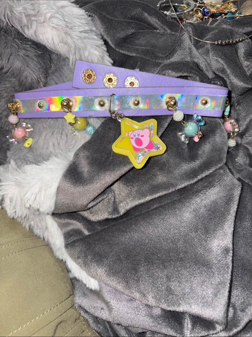 Hot Topic Kirby Choker Kids OS Purple Good Beam Star Holographic Pastel Beads